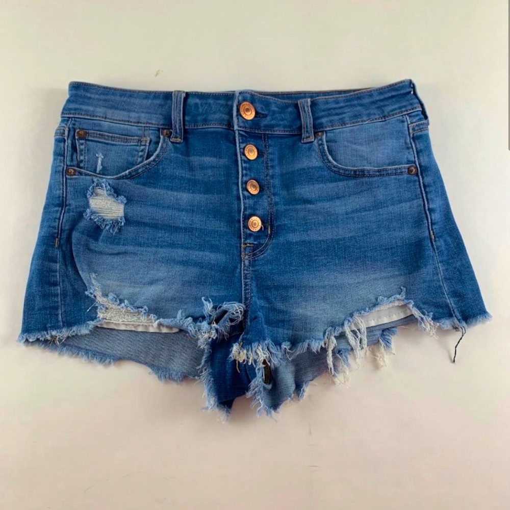 American Eagle Light Wash Stretch Denim Button Fly Hi Rise Shortie 10